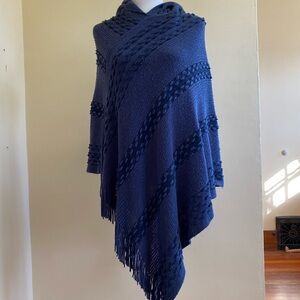 Hooded Navy Blue Knit Poncho